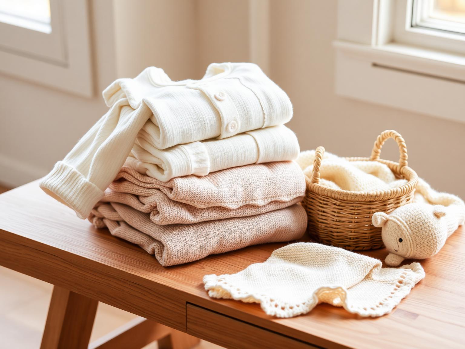 Folded baby garments in ivory and blush beside a woven basket