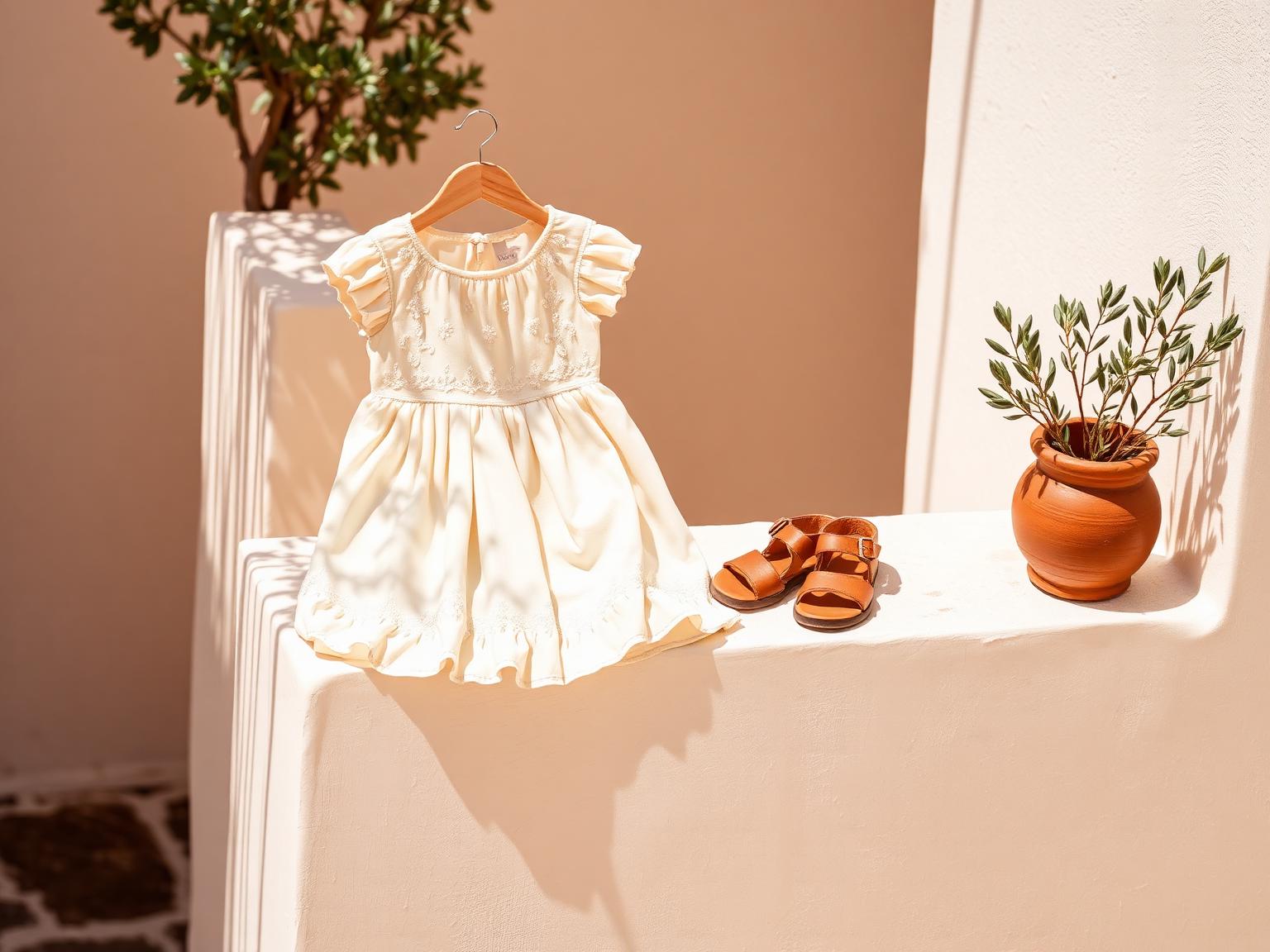 Embroidered cream dress and leather sandals in warm Mediterranean light